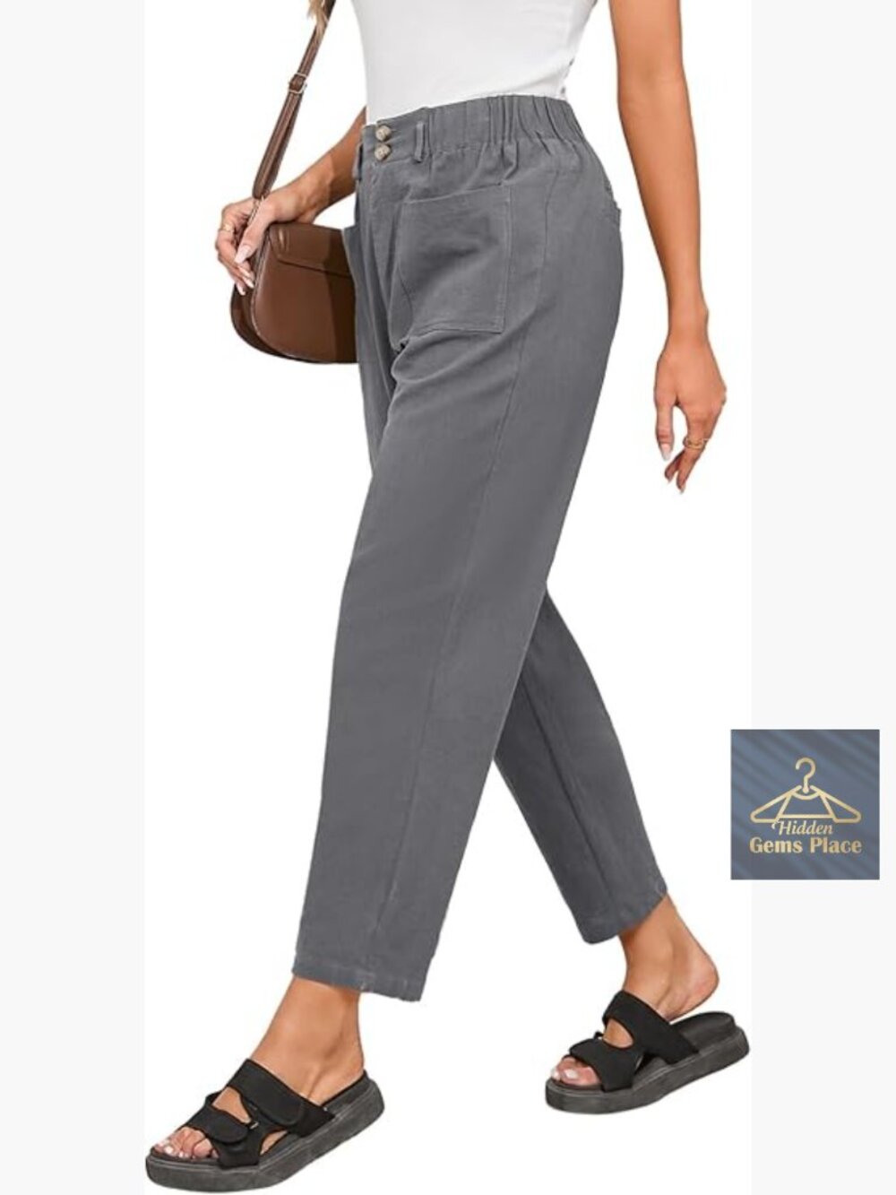 Casual Harem Capri Pants High Waisted Cotton Linen with Pockets